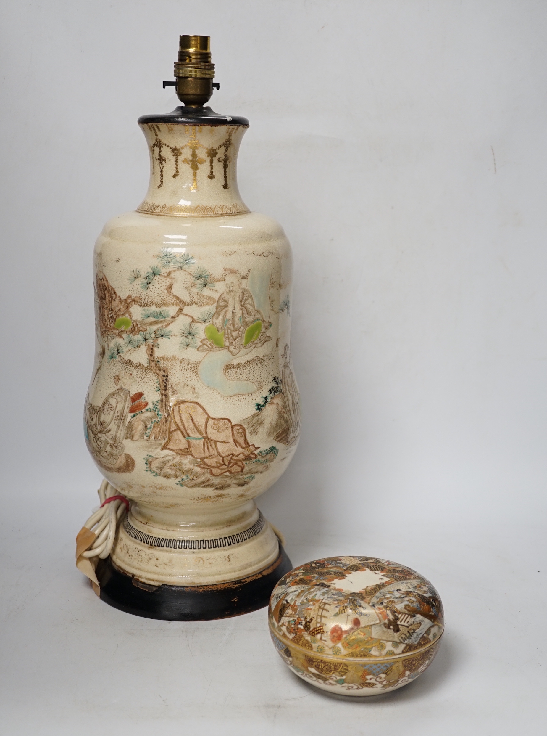 Two Japanese Satsuma pieces comprising lamp base and pot and cover, possibly Meiji period, largest 46cm high